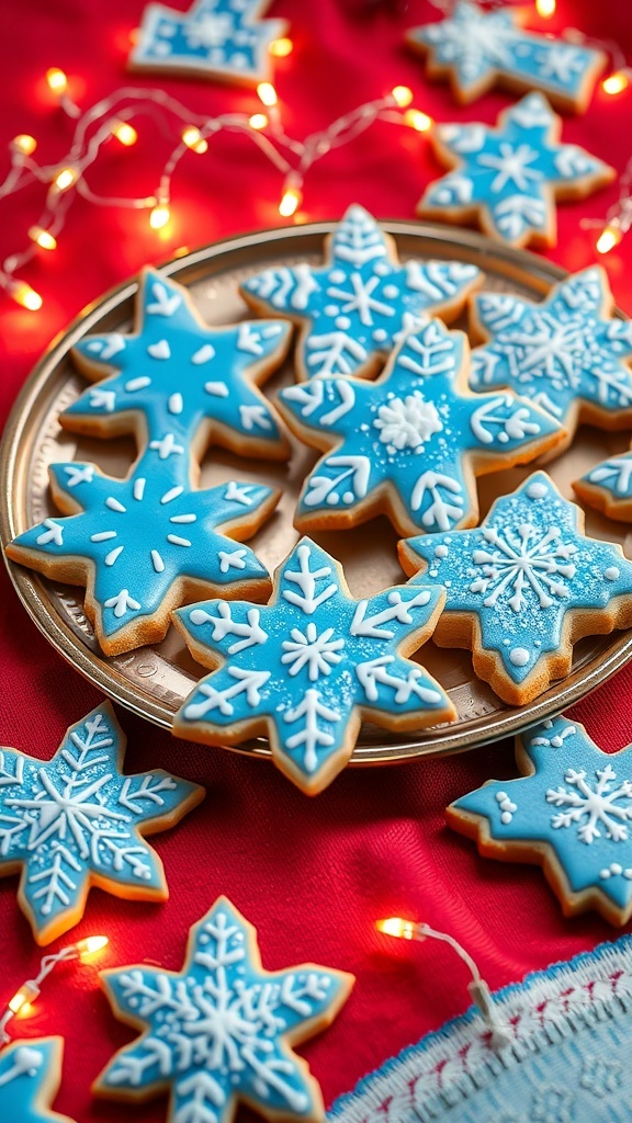 Decorated blue and white Christmas sugar cookies on a festive plate with holiday lights.